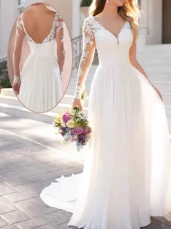 White Simple Wedding Dress A-Line V-Neck Long Sleeves Backless Lace Bridal Dresses Free Customization