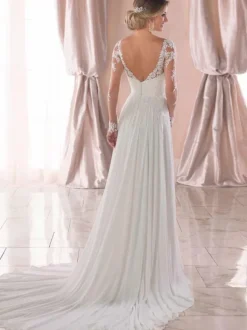 White Simple Wedding Dress A-Line V-Neck Long Sleeves Backless Lace Bridal Dresses Free Customization