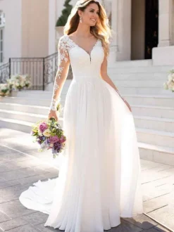 White Simple Wedding Dress A-Line V-Neck Long Sleeves Backless Lace Bridal Dresses Free Customization