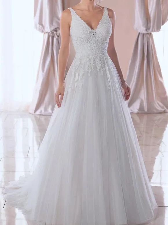 White Simple Wedding Dress A-Line V-Neck Sleeveless Backless Lace Bridal Dresses Free Customization