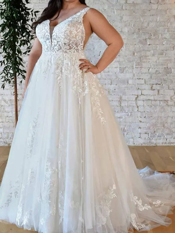 White Simple Wedding Dress A-Line V-Neckline Sleeveless Backless Lace Bridal Gowns Free Customization