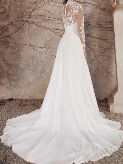 White Simple Wedding Dress With Train High Collar Long Sleeves Lace A-Line Bridal Dresses Free Customization