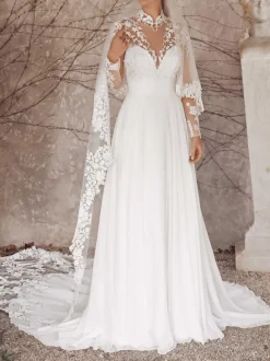 White Simple Wedding Dress With Train High Collar Long Sleeves Lace A-Line Bridal Dresses Free Customization