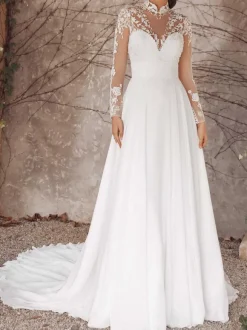 White Simple Wedding Dress With Train High Collar Long Sleeves Lace A-Line Bridal Dresses Free Customization
