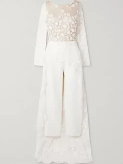 White Simple Wedding Jumpsuit Jewel Neck Long Sleeves Lace A-Line Bridal Jumpsuit Free Customization