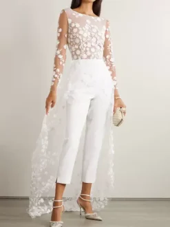 White Simple Wedding Jumpsuit Jewel Neck Long Sleeves Lace A-Line Bridal Jumpsuit Free Customization