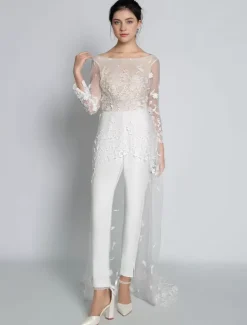 White Simple Wedding Jumpsuit Jewel Neck Long Sleeves Lace A-Line Bridal Jumpsuit Free Customization