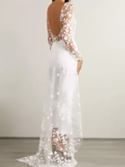 White Simple Wedding Jumpsuit Jewel Neck Long Sleeves Lace A-Line Bridal Jumpsuit Free Customization