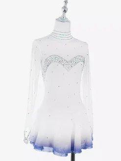 White Skating Dress Sweetheart Beaded High Collor Long Sleeves Women And Girl Skating Dress