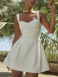 White Sleeveless A-line Flare Mini Dress For Women 2026