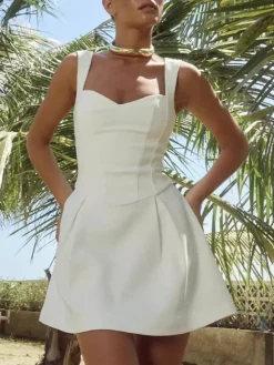 White Sleeveless A-line Flare Mini Dress For Women 2026