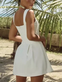 White Sleeveless A-line Flare Mini Dress For Women 2026