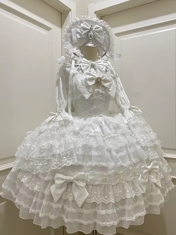 White Sweet Lolita Dresses Sleeveless Lace Ruffles JSK Hime Lolita Dress