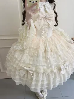White Sweet Lolita Dresses Sleeveless Lace Ruffles JSK Hime Lolita Dress