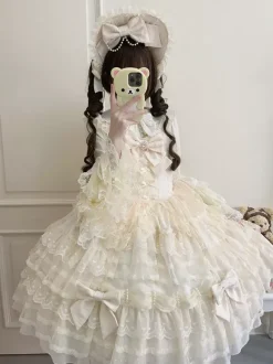 White Sweet Lolita Dresses Sleeveless Lace Ruffles JSK Hime Lolita Dress