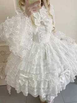 White Sweet Lolita Dresses Sleeveless Lace Ruffles JSK Hime Lolita Dress