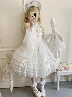 White Sweet Lolita Dresses Sleeveless Lace Ruffles JSK Hime Lolita Dress