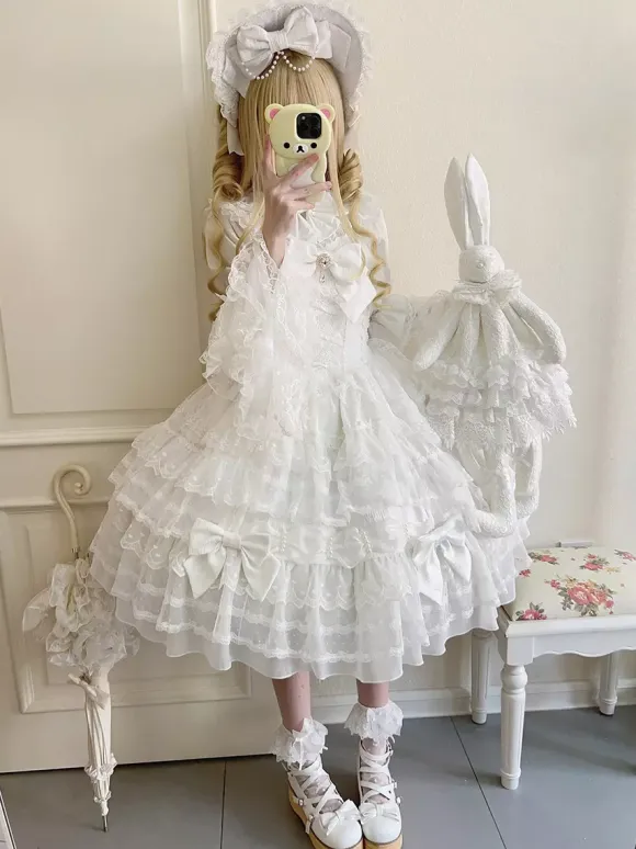 White Sweet Lolita Dresses Sleeveless Lace Ruffles JSK Hime Lolita Dress