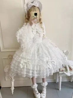 White Sweet Lolita Dresses Sleeveless Lace Ruffles JSK Hime Lolita Dress