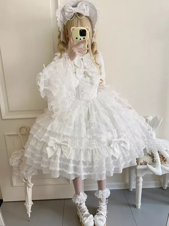 White Sweet Lolita Dresses Sleeveless Lace Ruffles JSK Hime Lolita Dress