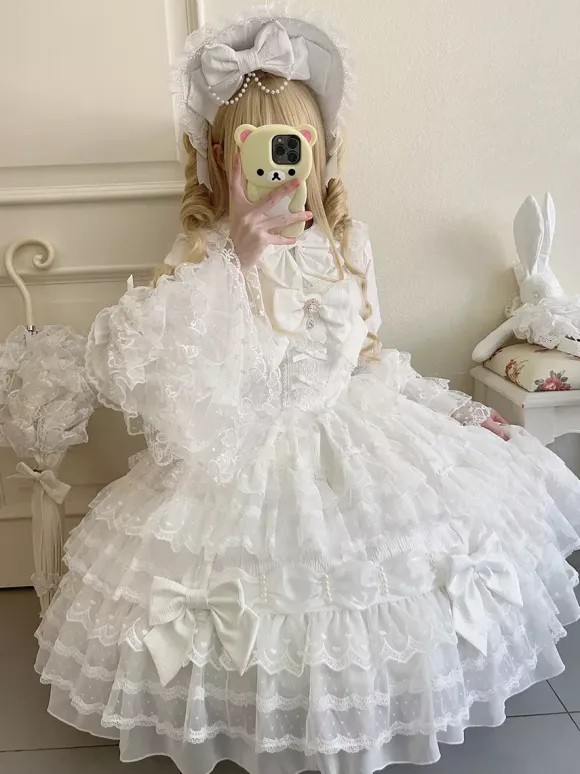 White Sweet Lolita Dresses Sleeveless Lace Ruffles JSK Hime Lolita Dress
