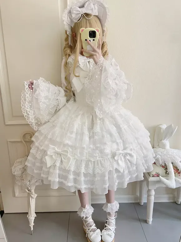 White Sweet Lolita Dresses Sleeveless Lace Ruffles JSK Hime Lolita Dress