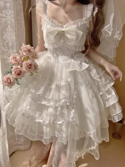 White Sweet Lolita Dress JSK Side Bow Ruffles Lace Short Lolita Dress