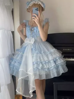 White Sweet Lolita Dress JSK Side Bow Ruffles Lace Short Lolita Dress