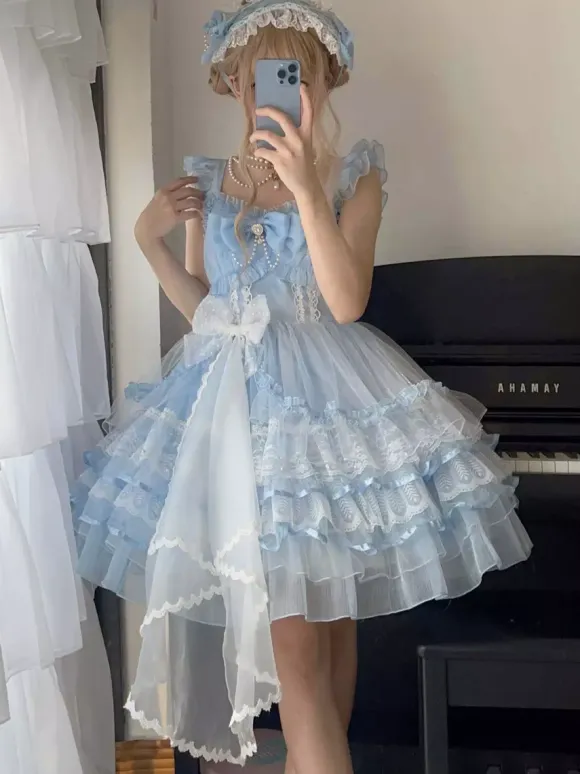 White Sweet Lolita Dress JSK Side Bow Ruffles Lace Short Lolita Dress