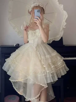 White Sweet Lolita Dress JSK Side Bow Ruffles Lace Short Lolita Dress