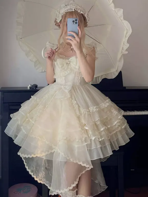 White Sweet Lolita Dress JSK Side Bow Ruffles Lace Short Lolita Dress