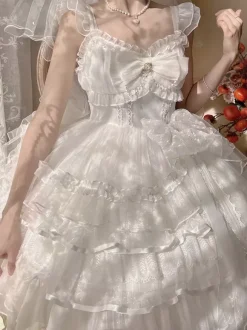 White Sweet Lolita Dress JSK Side Bow Ruffles Lace Short Lolita Dress