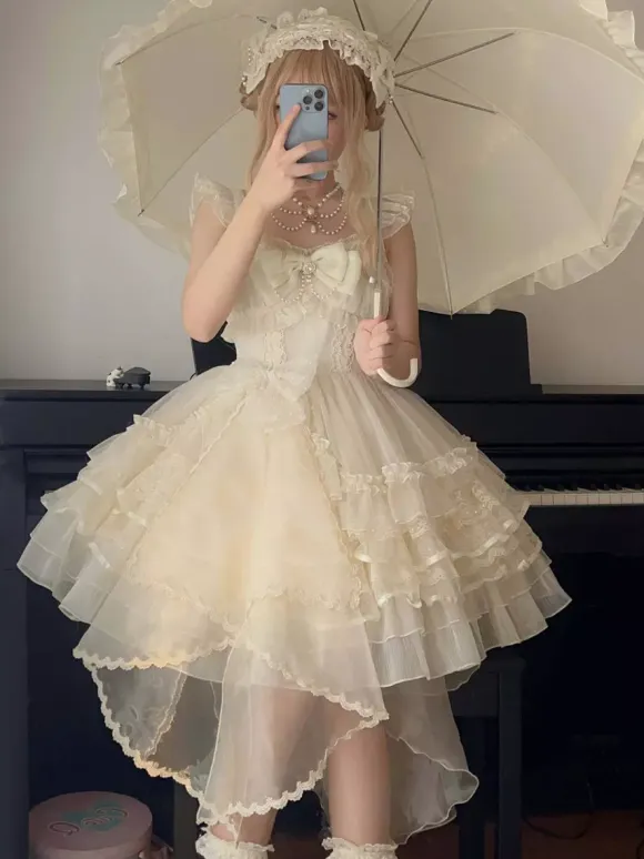 White Sweet Lolita Dress JSK Side Bow Ruffles Lace Short Lolita Dress