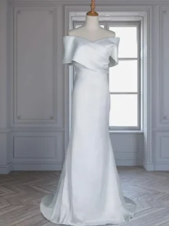 White Vintage Mermaid Wedding Dress With Train Satin Off The Shoulder Pleated Bridal Gowns Free Customization
