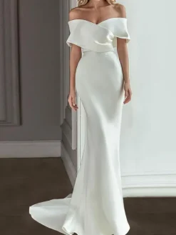 White Vintage Mermaid Wedding Dress With Train Satin Off The Shoulder Pleated Bridal Gowns Free Customization