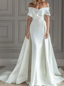 White Vintage Mermaid Wedding Dress With Train Satin Off The Shoulder Pleated Bridal Gowns Free Customization