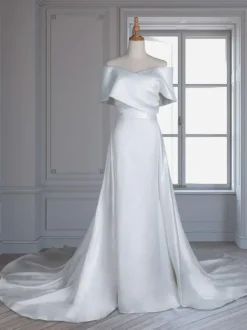 White Vintage Mermaid Wedding Dress With Train Satin Off The Shoulder Pleated Bridal Gowns Free Customization