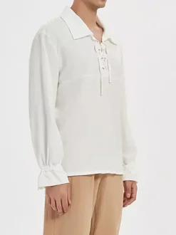 White Vintage Shirt Lace Up Aristocrat Style Cotton Retro Costumes For Men