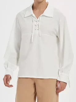 White Vintage Shirt Lace Up Aristocrat Style Cotton Retro Costumes For Men