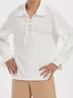 White Vintage Shirt Lace Up Aristocrat Style Cotton Retro Costumes For Men