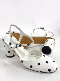 White Vintage Shoes Round Toe Polka Dot Block Heel Pumps