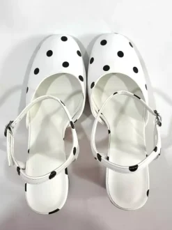 White Vintage Shoes Round Toe Polka Dot Block Heel Pumps
