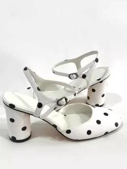 White Vintage Shoes Round Toe Polka Dot Block Heel Pumps