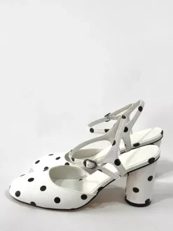 White Vintage Shoes Round Toe Polka Dot Block Heel Pumps