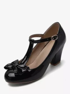 White Vintage Shoes Round Toe Bow T Strap Chunky Heel Pumps