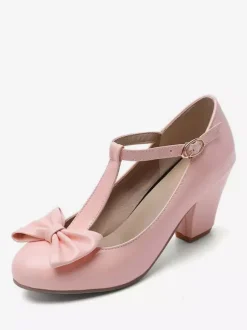 White Vintage Shoes Round Toe Bow T Strap Chunky Heel Pumps