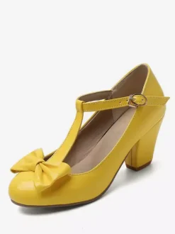 White Vintage Shoes Round Toe Bow T Strap Chunky Heel Pumps