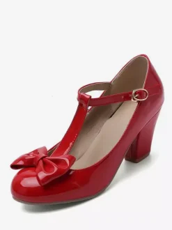 White Vintage Shoes Round Toe Bow T Strap Chunky Heel Pumps