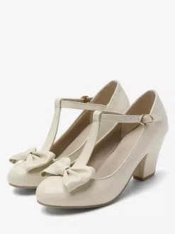 White Vintage Shoes Round Toe Bow T Strap Chunky Heel Pumps