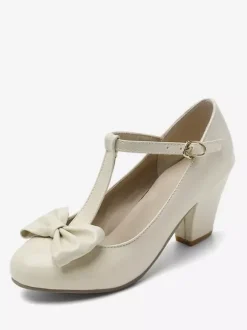 White Vintage Shoes Round Toe Bow T Strap Chunky Heel Pumps